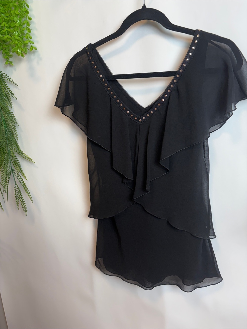 White House Black Market Black Sheer Ruffle V-Neck Blouse with Stud Trim